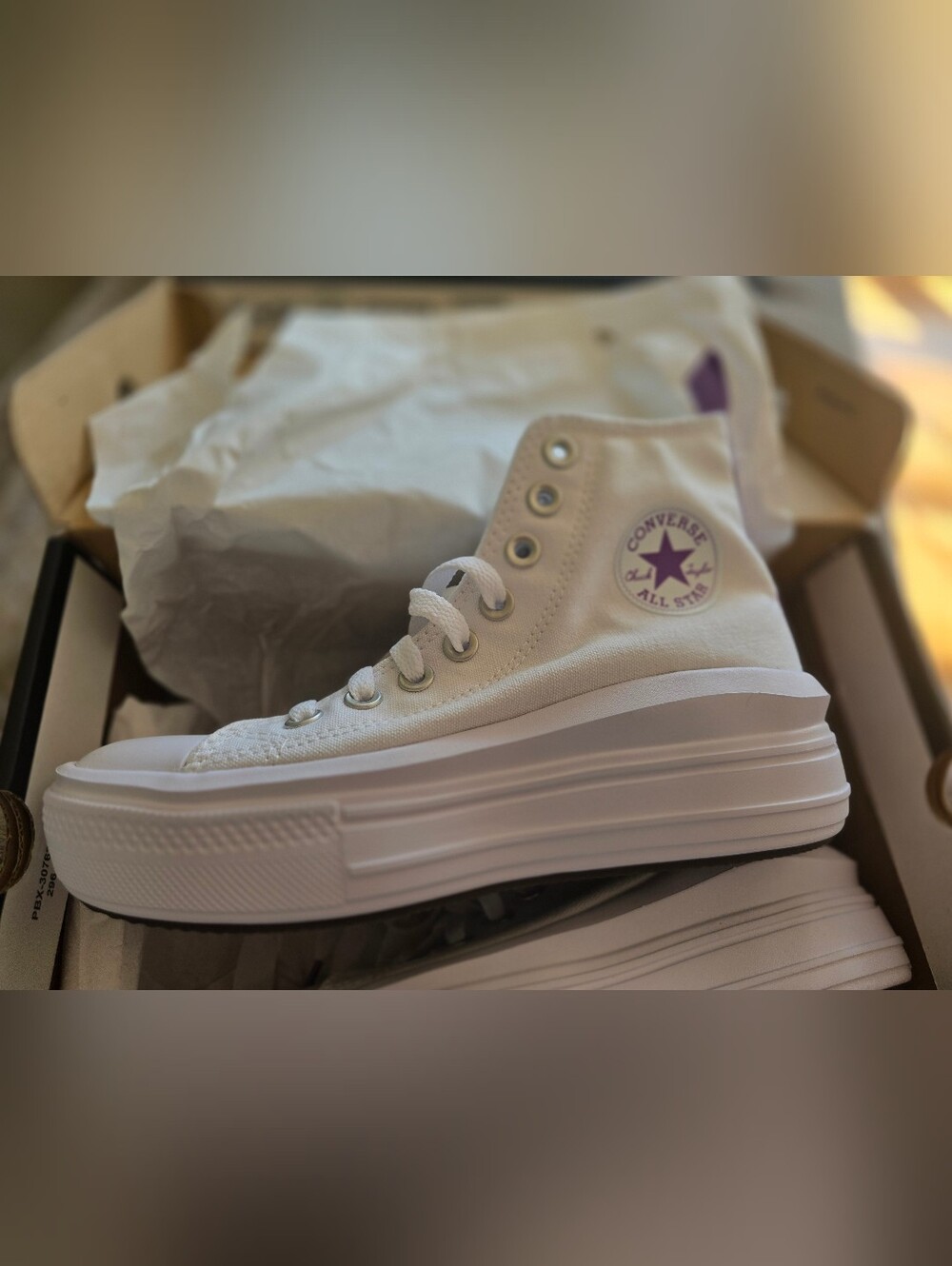 Converse White High-Top Platform Sneakers with Purple Star Logo